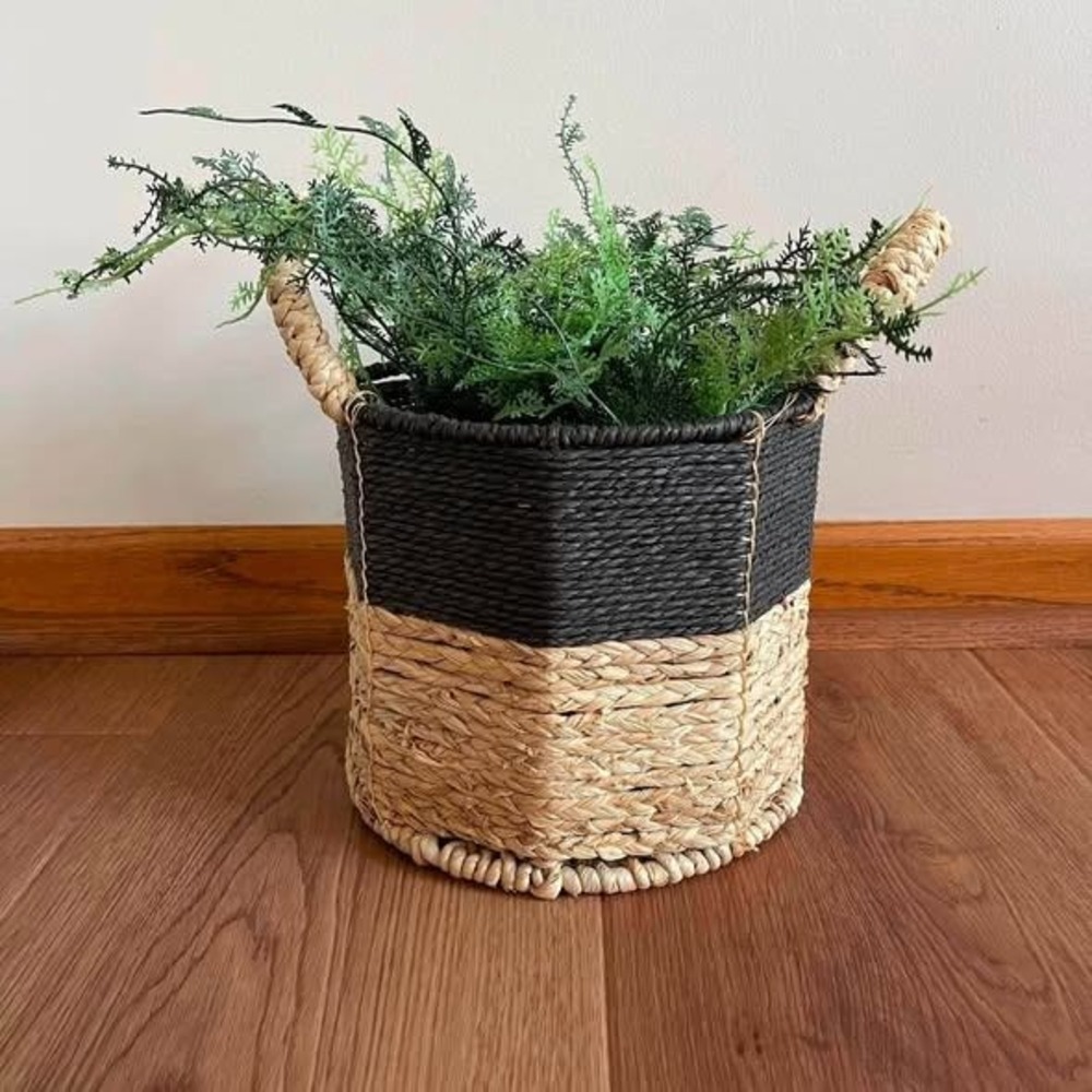 Seagrass Basket Black Neutral Woven 8" Planter w/2 Faux Plant Stems Farmhouse